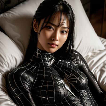 score_9, score_8_up, score_7_up, best quality, realistic, masterpiece, beautiful detail, hyperrealistic, night, ((1girl, woman body, large breast)), amazing detailed full body of a cute korean girl, wearing a realistic and highly detailed black raimi spider-man suit, ((defined muscular girl)), professional model wears ultra - detailed black raimi spider - man suit, ultra - detailed and grained black raimi spiderman suit, suit covered entire body and hand, black spiderman gloves, wet, (light smile, lying on a bed), close up, octane render, highly detailed, volumetric, dramatic lighting, (highest quality:1.1), (HDR:1.3), (top quality, best quality), realistic, high definition, sharp contrast between light and shadow, athletic and fit physique, highly detailed and accurate portrayal, photorealistic rendering, tense and alert atmosphere cinematic scene, cinematic lighting, intricate detail skin and facial texture, lifelike expression, accurate character design, interesting and complex background details,