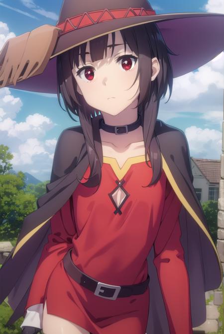 konosubamegumin, <lora:konosuba megumin movie-lora-nochekaiser:1>, 
megumin, short hair, black hair, (red eyes:1.3), short hair with long locks,
BREAK thighhighs, gloves, hat, dress, black gloves, belt, black thighhighs, fingerless gloves, cape, collar, witch hat, bandages, red dress, single thighhigh, asymmetrical legwear, bandaged leg,
BREAK outdoor, forest, nature, trees, village, sky, sun, clouds,
BREAK looking at viewer, (cowboy shot:1.5),
BREAK <lyco:GoodHands-beta2:1>, (masterpiece:1.2), best quality, high resolution, unity 8k wallpaper, (illustration:0.8), (beautiful detailed eyes:1.6), extremely detailed face, perfect lighting, extremely detailed CG, (perfect hands, perfect anatomy),