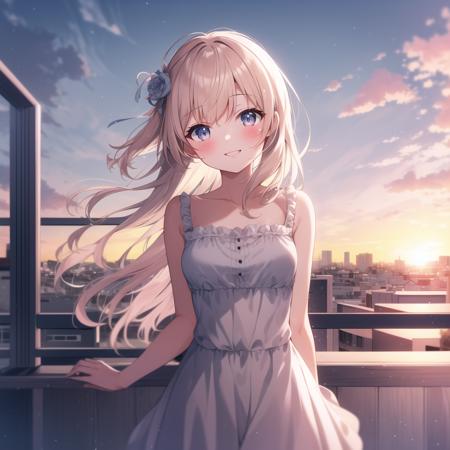 (high quality, best quality), 1girl, solo, smile, blush, arms_behind_back, rooftop, sunset