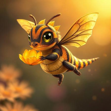In this vibrant, highly detailed digital painting, a charming dragon-bee hybrid hovers gracefully in mid-flight. Its plump body, a delightful blend of dragon and bee, is adorned with soft, velvety scales in bold black and yellow stripes that shimmer beautifully in the light. The creature’s oversized eyes, sparkling with intelligence and a playful hint of mischief, captivate the viewer, while its tiny proboscis curls adorably as it sips nectar from a glowing flower with petals mirroring the iridescence of its scales. Its wings, a stunning fusion of dragon grandeur and bee-like translucency, flutter softly with a gentle hum, casting a warm golden glow. The hybrid’s legs—cute, miniature talons wrapped in fluffy fuzz—dangle playfully, dusted with golden pollen that adds to its whimsical charm. The background fades into a dreamy blur of warm, pastel tones, with soft bokeh suggesting distant flowers. Bathed in the tender glow of golden hour light, the scene highlights every enchanting detail, creating a fantasy-inspired yet heartwarming portrayal of this adorable creature.