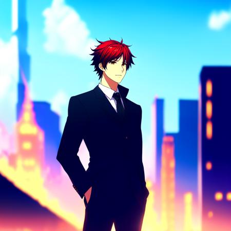 anime, bearded man looking at horizon of a city on fire with his eyes closed and wearing a black suit, red hair in the style of ilya kuvshinov, anime, detailed face, symmetrical face, 4k, hd, digital art, wallpaper, high quality, cinematic, dramatic lighting, award winning, anatomically correct, trending on artstation, elegant, intricate, highly detailed, digital painting, concept (to8highkey:1) <lora:to8sHighKeyLORASD21_sd21768:0.6>