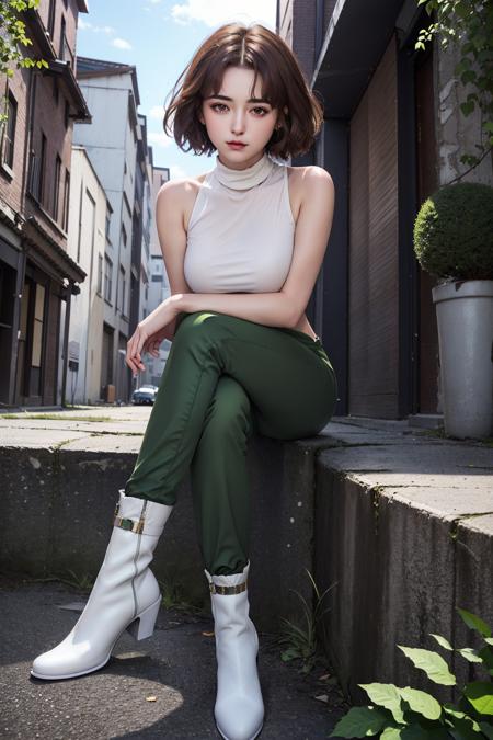 (masterpiece, top quality, best quality, official art, beautiful and aesthetic:1.2), (1girl:1.3), (fractal art:1.3), solo, 
short hair, breasts, pants, sleeveless,brown hair, shirt,white shirt, sleeveless shirt, closed mouth, bare shoulders, 
green pants,  white footwear,boots,
sitting, crossed legs, 
outdoors, sunlight, 
simple background, looking at viewer,   <lora:Annie-000020:0.8>