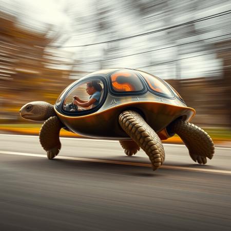 TurtleMobile: a Futurism  [Turtle], smooth and rounded, esoteric, drawing the viewer in. The   [Turtle] has four wheels, like a car, and large windows like eyes, pointillism. inside a [squirrel] driver is at the controls, The   [Turtle], is racing along the road. Zoom burst gives the impression of speed, fractal T