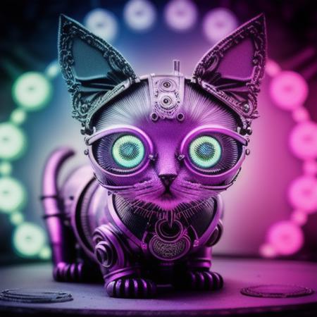 psychedelic painting, a cute kitten made out of metal, cyborg,  Floral_Graffiti, ((intricate details)), hdr, ((intricate details, hyperdetailed)), cinematic shot, vignette, (high detailed metal:1.2), 8k uhd, dslr, high quality, film grain, Fujifilm XT3