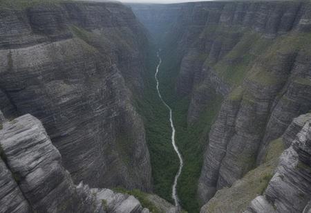 stone gorge, top down view 45 degrees, gray stones, steep walls, high, passage between in the center of the picture, cloudy weather, gray clouds, canyon in the center