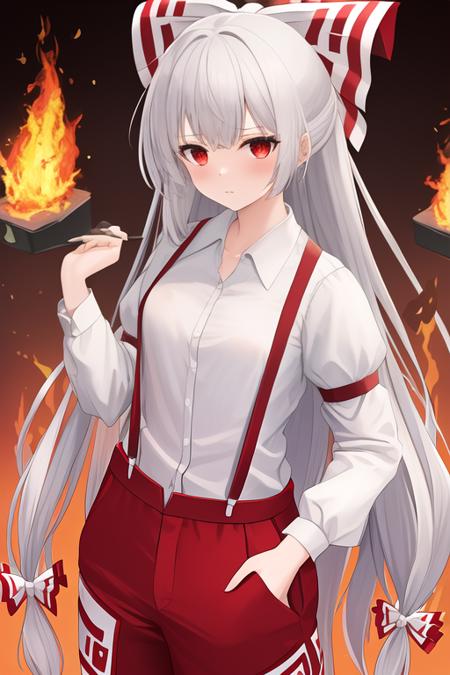 masterpiece, best quality, highres, solo, {fujiwara_no_mokou_touhou:1.10}, long_hair, bow, hair_bow, red_eyes, white_hair, very_long_hair, suspenders, bangs, fire, white_bow, hair_ribbon, 1girl, pants, shirt, ribbon, long_sleeves, looking_at_viewer