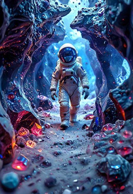8k, Tilt shift photography style, a astronaut, blue mirror visor, running, ( Unmanned:1.2), Psychedelic gemstone caves, nebula background,