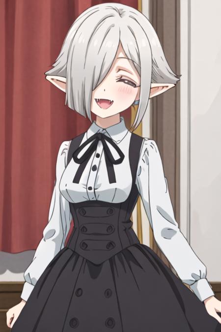 best quality, masterpiece, highres, solo, {perusepone2shi_jashinchandropkick:1.15}, short_hair, pointy_ears, hair_over_one_eye, grey_hair, red_eyes, white_hair, ribbon, smile, 1girl, closed_eyes, open_mouth, fangs, elf, blush, upper_body