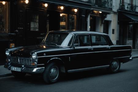 cinematic photo of old black car parked at streets, perfect environment, dark shot, extremely detailed