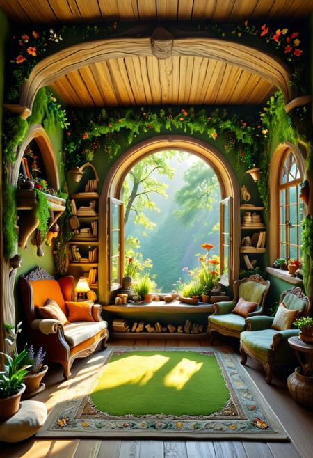 The gnome room exudes a mystical aura, filled with light and warmth. The walls are adorned with intricately carved wooden panels, while the ceiling is high and curved, resembling the branches of trees that encircle the house from outside. A soft, mossy green rug covers the floor, creating a sense of being immersed in nature.
At the center of the room, a comfortable bed with plush pillows and a blanket embroidered with vibrant flowers, reminiscent of those found in the forest, is situated. The window, offering a view of the enchanting forest bathed in morning light, has light curtains that are open, inviting sunlight to enter. Pots with flourishing plants stand on the windowsill, permeating the air with freshness.
In one corner of the room, a cozy fireplace crafted from smooth stones is found, surrounded by soft armchairs upholstered in bright fabrics. In the evenings, dwarves gather here to share fairy tales and savor the warmth of the fire. Close by, a large bookshelf is filled with books about magical creatures and adventures. On the top shelf, ancient scrolls and peculiar artifacts can be seen, further enhancing the magic of the space.
The gnome room is always filled with joy, laughter, and friendship, and each new sunrise brings hope for new adventures in the enchanting forest.