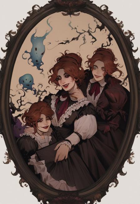 score_9, score_8_up, score_7_up, score_6_up, score_5_up, score_4_up,
(painting of a group of girls in a victorian mansion:1.3), smiling shyly, dark theme, horror, BREAK,
A picture in the background portraying (a Deaths face, ghostly images), eerie lighting, side soft light, Dark environment, black over black, s4b