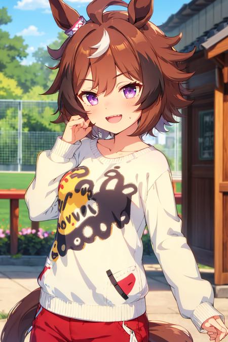 <lora:shinko_windy_v3:0.7> shinko_windy, horse girl, horse ears, horse tail, short hair, brown hair, white hair, purple eyes, streaked hair, multicolored hair, white sweater,clothes writing,red shorts, smile,outdoors, 