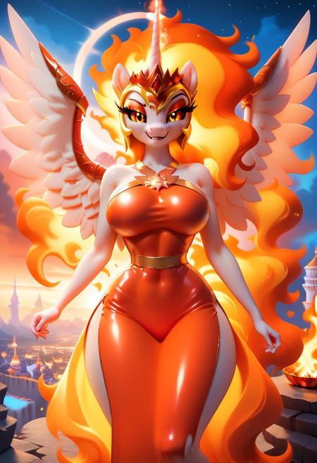 score_10 , score_9_up, score_8_up, score_7_up , score_6_up, vibrant colors, shiny_skin , prefect lighting, detailed image, snoozing , masterpiece , best quality , highly detailed , BREAK ,
1girl, (daybreaker , anthro , anthro pony , breasts , curvy ,  thicc), bedroom eyes , evil smile , jewelry , glowing-neon-red-fire armor , glowing-neon-red-fire skintight dress , Fire magic, fire ring, double side slit mini skirt , wings of fire , spread wings ,
looking at viewer , outdoors, Canterlot , Ponyville , volcano, rocks, cherry trees , fire , fire dust , sky fire , solar eclipse , everything on fire , OverallDetail , Snuddy , lidded eyes , cinematic composition , dynamic pose , 
<lora:add-detail-xl:1> ,
