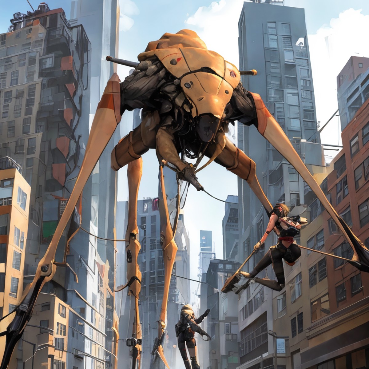 <lora:Strider:0.8>strider in downtown new york city chasing down a group of anime girls