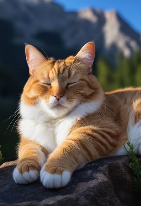 realistic, solo, cat, cute, sleeping, light_particles, nature, mountain, depth of field, the best quality, amazing quality, high quality, masterpiece,