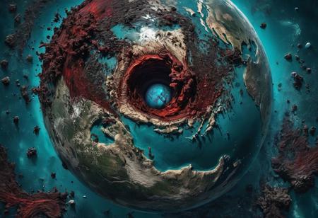 Planet earth floating in outer space, huge drain on it, turquoise Blood rinsing, masterpiece, best quality, 32k uhd, insane details, hyperdetailed, hyper quality, high detail, ultra detailed, photography