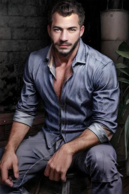 solo, black hair, 1boy, sitting, male focus, facial hair, denim, beard, jeans, realistic, manly, Malvino Salvador, Malvinosalvador  <lora:Malvino Salvador:1>