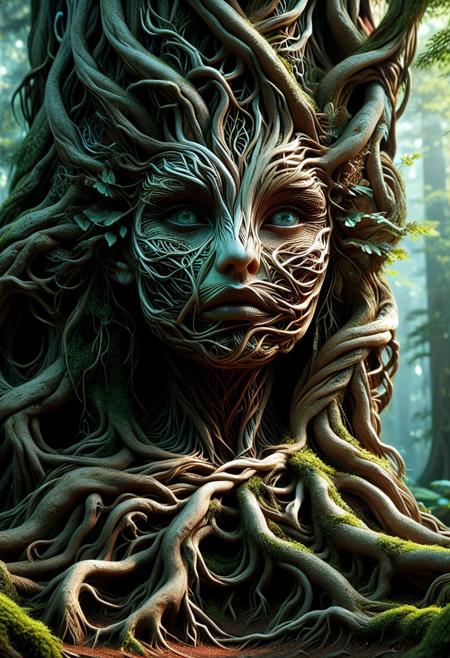 create an image with this prompt.   Create a hyper-realistic scene of a stunningly beautiful female dryad living in a redwood tree,  in 8K resolution with intricate, lifelike textures and fine details. The composition is rendered with photorealistic quality, using advanced lighting, shadows, and reflections to emphasize realism. Every element, from the subject to the background, is crafted with meticulous attention to detail, capturing natural depth, accurate proportions, and true-to-life materials. The atmosphere is immersive and visually arresting, highlighting realistic textures, subtle nuances, and dynamic elements like natural light or motion. The overall effect should feel stunningly lifelike, evoking realism in every aspect.Unreal Engine, photorealistic, hyperrealistic, and visually arresting. Rendered in 8K, hyperrealistic, with fine intricate details.