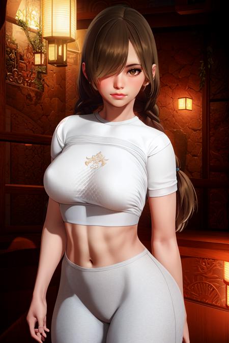 masterpiece, (ultra detailed background, delicate pattern, intricate detail), (highly detailed, fine details), best quality, beautiful lighting, 1girl, solo, Dalia, brown hair, lips, long hair, brown eyes, looking at viewer, navel, medium breasts, hair over one eye, midriff, twin braids, (white top, black sweatpants, sports clothing), ((closed mouth)), complex detailed background, inside, gym environment, (cowboy shot, showing ass), slim girl,  <lora:Dalia:0.85>