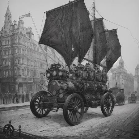 London 1899, complicated and highly-detailed steampunk car driving on a street, belching black and white smoke, black and white engraving