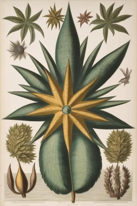 <lora:Mark Catesby Style:1>Mark Catesby Style - Pietro Ruffo's toile de Voyage print, which features a harmonious immersion into the heart of Indian flora and fauna set in a star.1