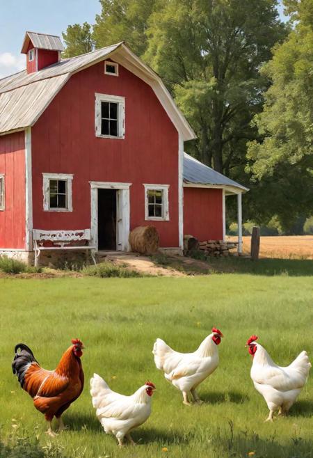 chickens in a field, vintage red farmhouse, big rustic antique farmhouse