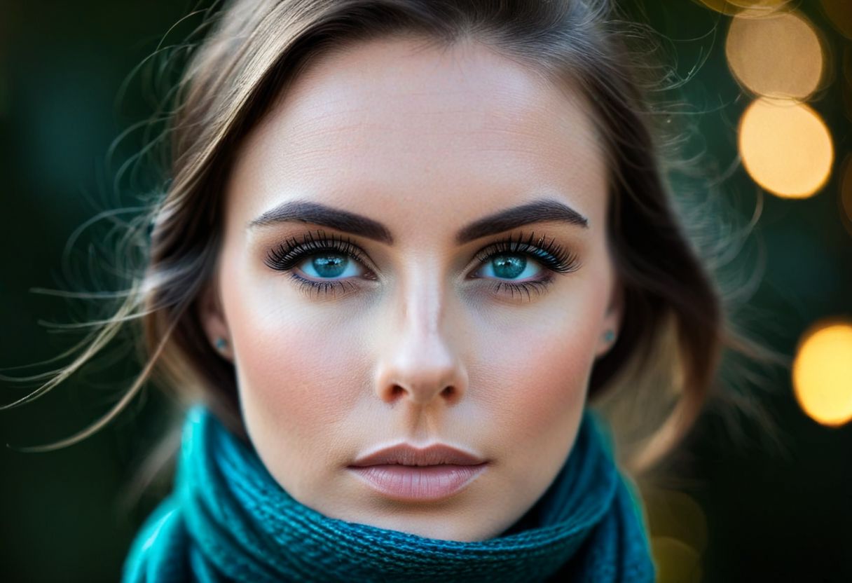 Close-up of a young woman's face partially obscured by a dark teal scarf, highlighting her striking blue eyes, long eyelashes, and well-defined eyebrows. The focus is sharp on her eyes with a soft bokeh background that creates a shallow depth of field. Her brunette hair frames her face, and the image has a cool color tone with a natural light setting. The composition is centered, creating an intimate and engaging portrait with a sense of mystery.