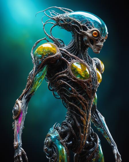 focus on alien non-anthropomorphic bioengineered creature, transparency:1.4, (detailed cybernetic implants fused with organic matter:0.5), full body, (with intensely vibrant swirling colors:1.9), realistic photo, <lora:add-detail-xl:1.0> ,  <lora:artialien:0.5> artialien