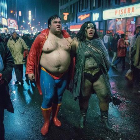 A documentary mid-closeup photograph , An overweight drunk, disheveled Superman, and a drunk, overweight Wonder Woman, and Mister Mxyzptlk, on a crowded , wet , neon lit dark NYC street. cheap, worn out, poorly made, dirty, torn costumes, cinematic still, Leica M3, Kodachrome, 80mm lens, 1970s street photography