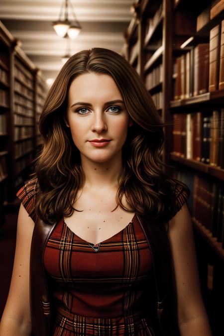 a professional photograph of beautiful 24 year old (T4b1th4:1.1) woman,as a librarian,wearing a red plaid dress,standing in a (library at Oxford University:1.3),holding an leather bound Oxford dictionary,with students studying at (wooden desks:1.2),with (high arched ceiling:1.2),surrounded by rows of tall (bookshelves with ladders:1.3) in background,long hair,lipstick,makeup and eyeshadow,face focused,detailed eyes,(highly detailed),(HDR),(8k wallpaper),dim lighting,intricately detailed,low contrast,highres,absurdres,hyper realistic,taken with (Canon EOS 1Ds camera),extremely intricate,dramatic,(looking at viewer),4k textures,hyperdetailed,PA7_Portrait-MCU,<lora:T4b1th4_05A-000002:0.9>,