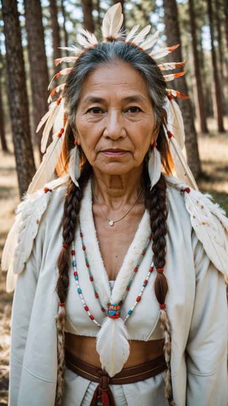 close up face with skin pores and wrinkles, RAW photo, a portrait photo of 1 single 65 y.o native american woman half body. centered eyes on camera, facing camera, eyes perfect, native chieftess large red feathers, white feathers, Indian tribe, deer skin clothes, light blue eyes, standing next to trees in the forest, natural skin, 8k uhd, high quality, film grain, Fujifilm XT3, natural color palette