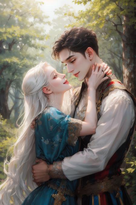 (absurdres, highres, ultra detailed), 2others, couple, 1man with 1woman, mature, Height difference, different hair color, happy, love, hug, upper body, long hair, black hair and white hair, fantasy, forest, looking at each other