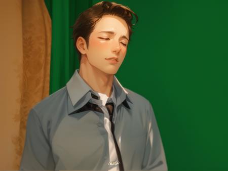 1boy, brown hair, curtains, closed eyes, collared shirt, depth of field, lips, male focus, necktie, shirt, solo, upper body, white shirt, wing collar