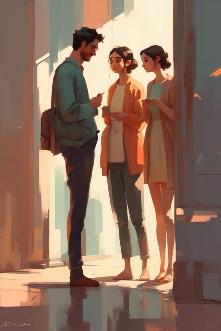 <lora:Atey Ghailan style:1>Atey Ghailan style - Two people having a conversation, maintaining gentle eye contact.