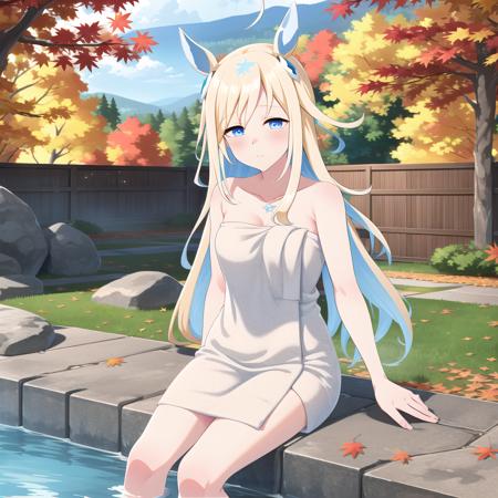 high quality, best quality, masterpiece, absurdres, neo universe, bath_towel, 1girl,  <lora:universe-000010:0.85>, solo, onsen, blush, sitting, autumn, maple_leaves