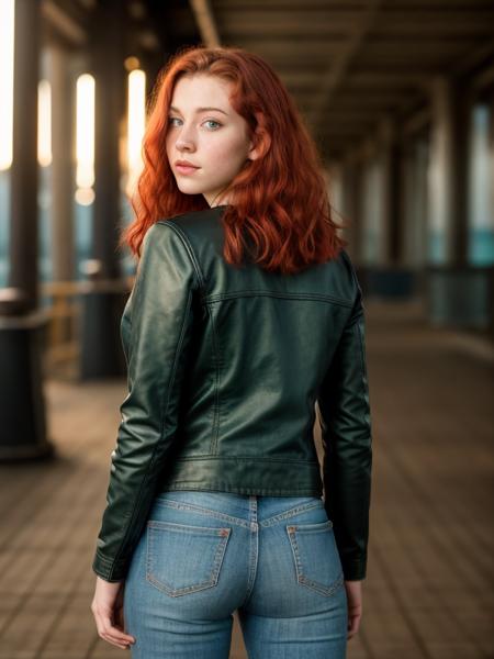 a 18 years old female teen, hair red, (green eyes), wearing tight blue jeans and a black leather jacket, back to the camera, in a pier, at night, full body shown

RAW photo, subject, 8k uhd, dslr, soft lighting, high quality, film grain, Fujifilm XT3