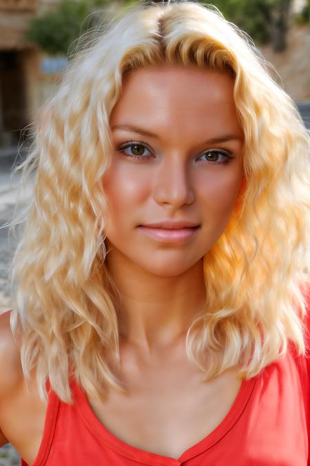 A photo from (cute:1.2) 20 year old woman_elizaveta with blond hair, looking at camera, best quality, photo, highly detailed, sharp focus, 8k, god rays, slim girl, 8k high definition, high detail eyes, highest quality, skin texture, masterpiece, best quality, perfect lighting, cinematic lighting, (sharp focus:1.2), HDR, beauty, ultra-detailed, amazing, eos, skin_pores,  (shy:1.3), blushed, smiling, kissing lips, <lora:more_details:0.2> <lora:Elizaveta_v3:1>, (walking on a street in the desert:1.2), wearing a red shirt