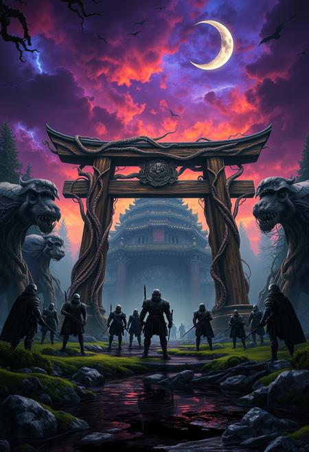 In the heart of a vast, ancient forest, a colossal torii gate stands, its wood fused with twisted, sinewy tendrils, more organic than crafted. This gate marks the entrance to a hidden temple, its structure a grotesque blend of stone and living tissue, as if the forest itself has consumed it. Above, the sky churns in unnatural hues of deep purple, searing orange, and electric blue, illuminated by the violent energy of a battle raging beyond.
Gathered at the gate are warriors clad in armor resembling biomechanical exoskeletons, their faces obscured by shadowed visors, eyes cold and alien. Drawn by whispers of an ancient, pulsing artifact, they stand ready, their weapons extensions of their very bodies.
The air is thick with a palpable tension, as though the forest is a sentient entity, watching, waiting. Nearby, a pond of dark, viscous liquid reflects the distorted sky and the flickering lights of distant combat. A crescent moon, sharp as a blade, casts jagged, shifting shadows across the twisted landscape.
The warriors exchange silent, synchronized glances, their purpose unified. With a final nod, they advance toward the gate, their movements precise, mechanical, and unwavering. They march into the unknown, prepared to face the biomechanical horrors that await, their resolve as unyielding as the twisted, surreal world that surrounds them.