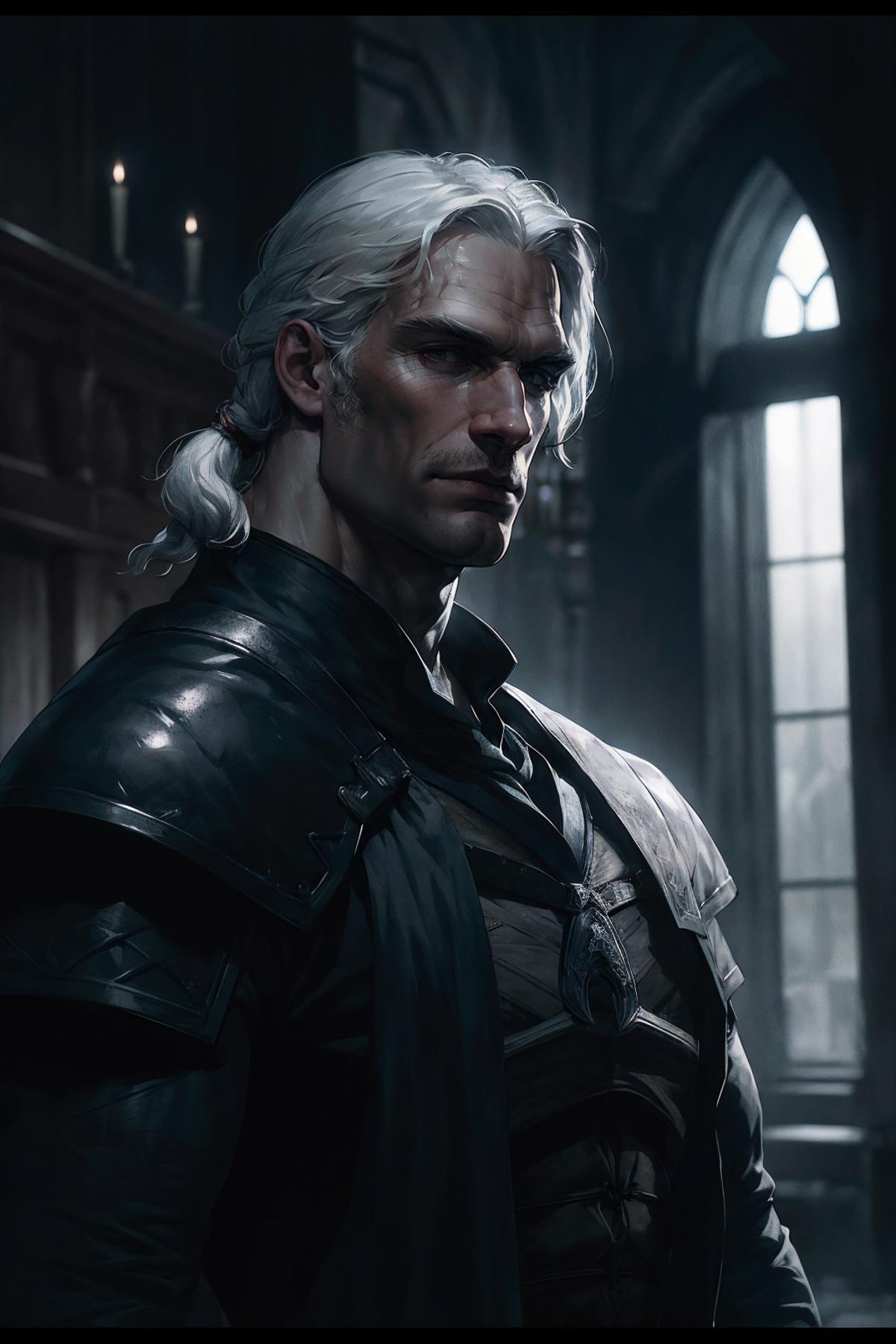 Dark Fantasy Character with White Hair and Beard, Dark Clothes, and a Sword.