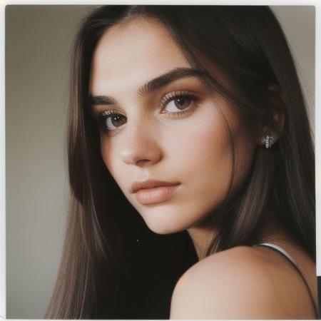 Close-up of a beautiful 21 year Old girl with (long straight hair), diamond shaped face, snub nose, brown hair, dark eyes, hair over eyes, matte skin,  shot on polaroid , available light