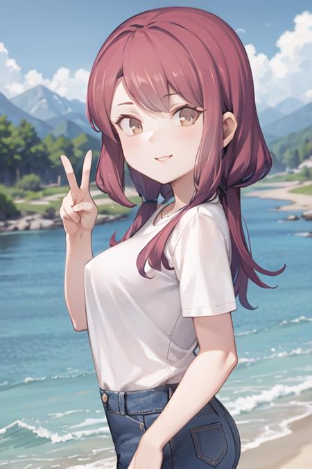 <lora:Jingai-Modoki-UMCEKO-V1-000030:1>, jingai modoki, peace sign, jeans, medium breasts, white shirt, solo,  upper body, mountains, rivers,