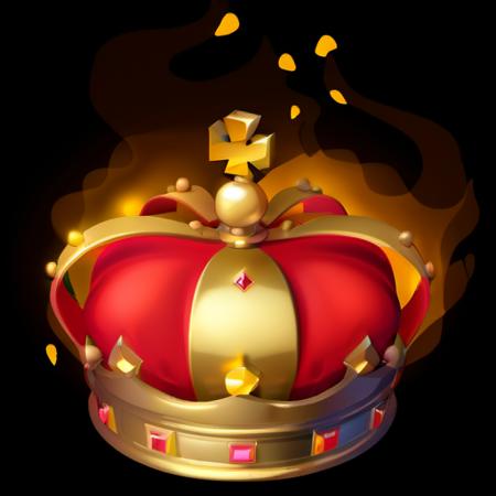 <lora:Game Icon InstituteXL1:1>,(masterpiece, top quality, best quality, official art, beautiful and aesthetic:1.2),(8k, best quality, masterpiece:1.2),a golden crown with a red crown on top of it and a black background with gold stars and a red crown, simple_background, no_humans, cross, fire, crown, black_background, still_life