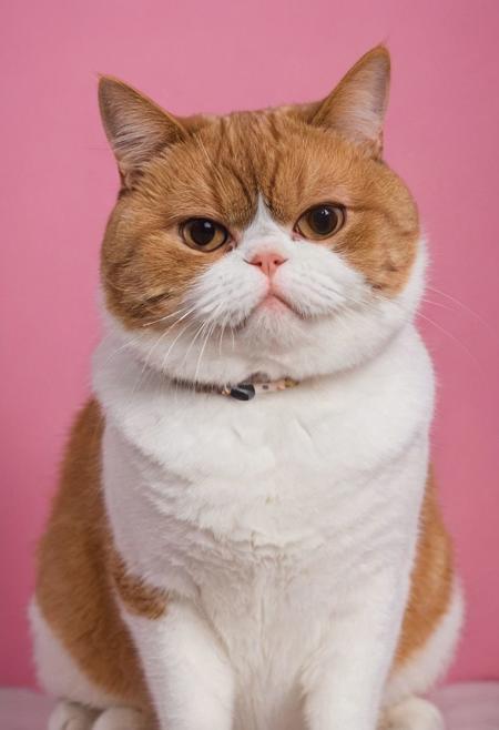 red velvet background, photograph of a overweighted extremely fat male beautiful exotic shorthair cat, white and tabby cat, standard ears, stanard head, extremely fat, strong and muscular , round eyes, pink nose, round pupils, high contrast, ray og light, light on the eyes, hard shadow, ENF, Embarrassed, Covering,
