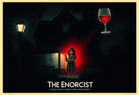 Design a parody movie poster titled The Enorcist, a humorous twist on The Exorcist. Imagine the iconic dark, eerie vibe of the original poster, but with a comical twist: instead of a demonic possession, the story is about a young girl cursed to drink wine for eternity. The poster should have an unsettling, atmospheric look, with dim lighting and shadows, similar to the original 1973 poster.
In the scene, show a girl standing under a dim street lamp outside a spooky house, holding a bottle of wine. The wine spirit possesses her, maybe symbolized by a faint aura or a sinister, red-glowing glass hovering near her. Add subtle wine-themed details (like a corkscrew or wine bottle shadow) to keep it humorous yet creepy. The title, The Enorcist, should mimic the original typography for an authentic touch.