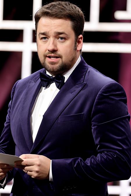 JasonManford wearing a purple velvet suit (holding a card:1.2), onstage on a TV talk show <lora:rs-JasonManfordLora-03:1>