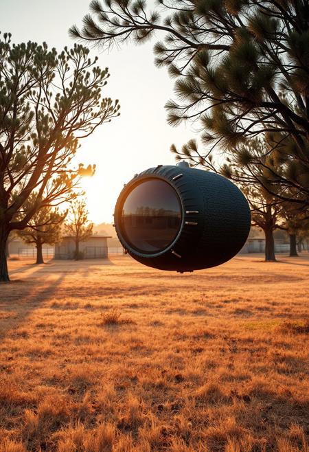 A small personal spacecraft for one person, cylindrical in shape, (flat black) extremely rough textured exterior surface, flying low to the ground, trees, dry brown grass, low fences and small buildings, low sun, warm light