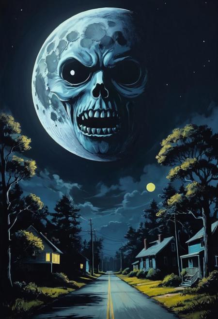 (drawix12), B-Movie Horror aesthetic, ((pantone colors)), with a pissed off expression, big moon, moon light, nightmare , stunning background. dark and moody, a mesmerizing blend of light and shadow. masterpiece, absurdres, intricate details <lora:drawix12:0.7>