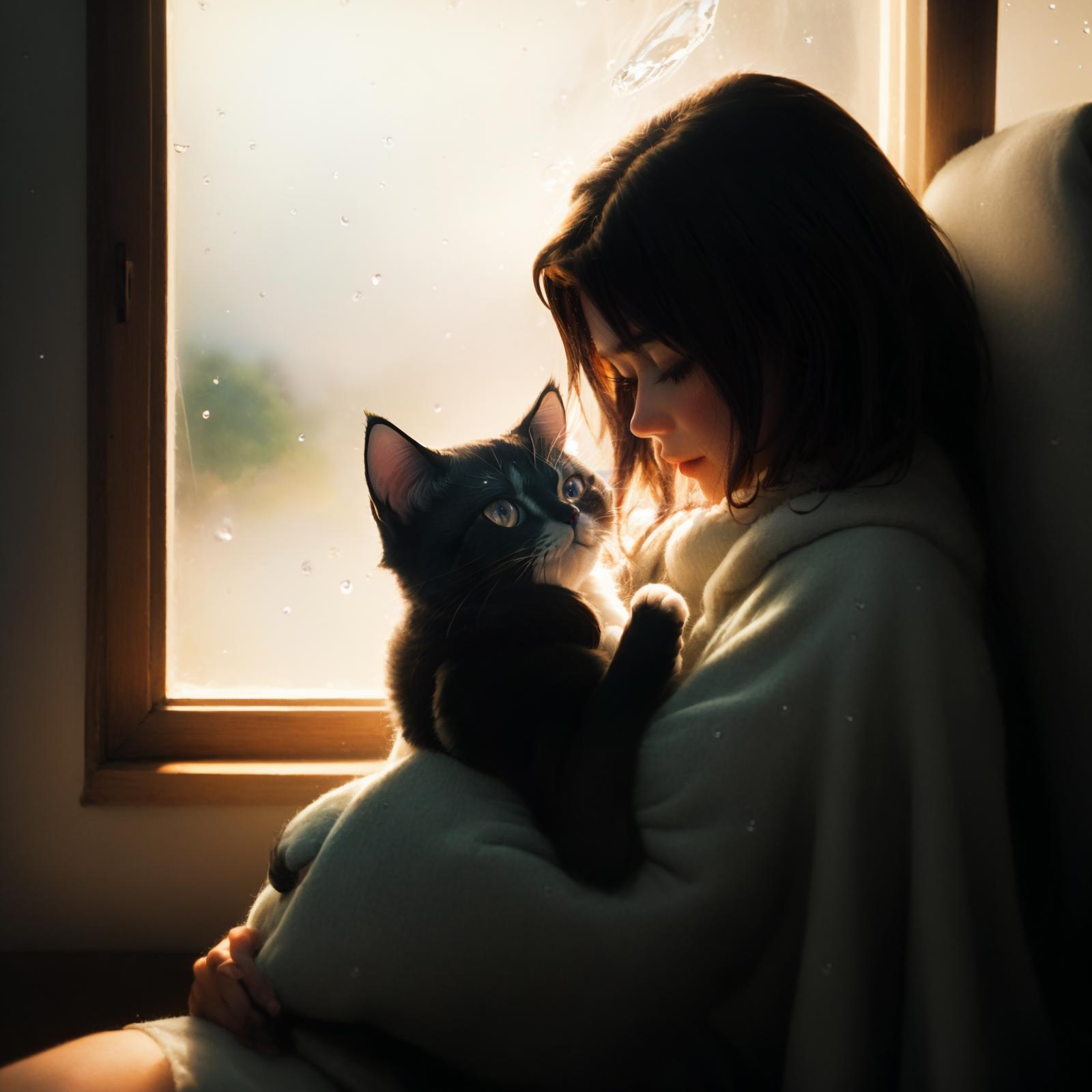 A young woman holding a black cat in her arms and looking out the window.