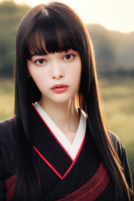 1girl wearing a black kimono, at a japanese village,(RAW photo, best quality), (realistic, photo-realistic:1.4), masterpiece, an extremely delicate and beautiful, extremely detailed, 2k wallpaper, Amazing, finely detail, extremely detailed CG unity 8k wallpaper, ultra-detailed, highres, soft light, beautiful detailed girl, extremely detailed eyes and face, beautiful detailed nose, beautiful detailed eyes,perfect anatomy,soft light,slender body,standing,sunset light,(black long hair)