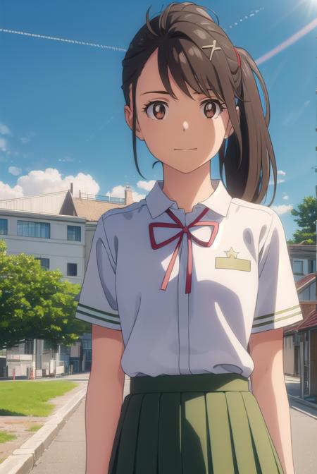 suzumeiwato, <lyco:suzume iwato movie-lyco-nochekaiser:1>,
suzume iwato, long hair, black hair, hair ornament, (brown eyes:1.5), hairclip, ponytail, smile,
BREAK skirt, shirt, ribbon, school uniform, white shirt, red ribbon, green skirt, long skirt,
BREAK outdoors, sky, day, cloud, sun,
BREAK looking at viewer, (cowboy shot:1.5),
BREAK <lyco:GoodHands-beta2:1>, (masterpiece:1.2), best quality, high resolution, unity 8k wallpaper, (illustration:0.8), (beautiful detailed eyes:1.6), extremely detailed face, perfect lighting, extremely detailed CG, (perfect hands, perfect anatomy),